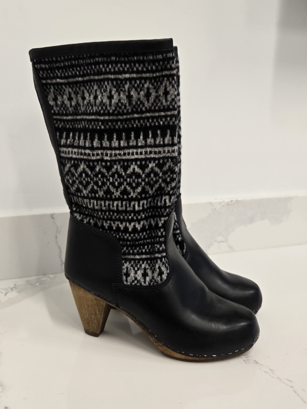 Sanita Black and Gray Knit-Shaft Heeled Clog Boots